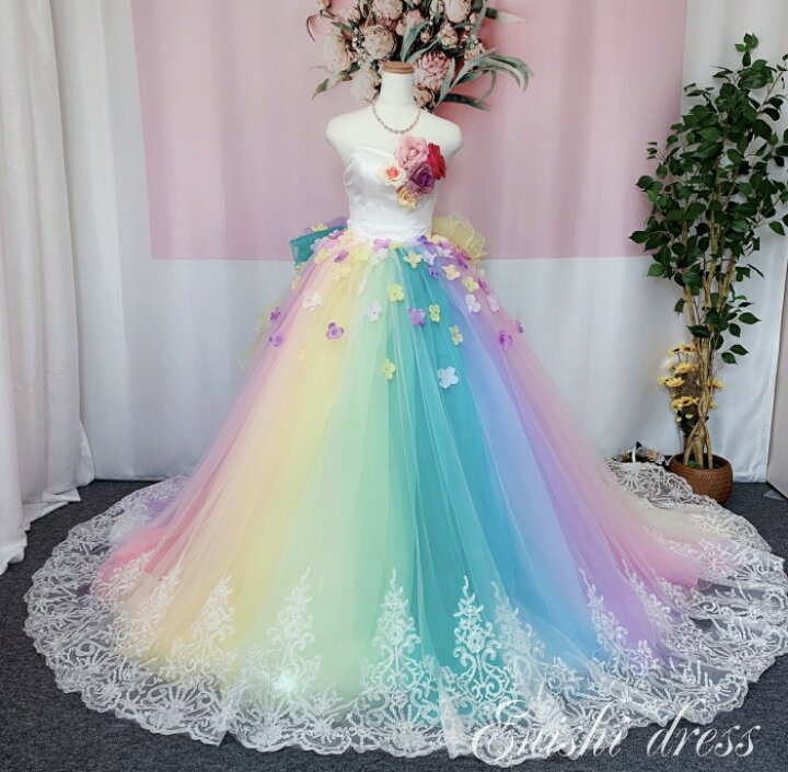 楽天市場 ウエディングドレス オーバースカート レインボー 花びら オーガンジー バックリボン ウェディングドレスの色直し アクセサリー 色変更無料 ロングトレーン ボリューム エレガント 結婚式 披露宴 二次会 前撮り パーティー 花嫁 豪華 色変更 サイズオーダー