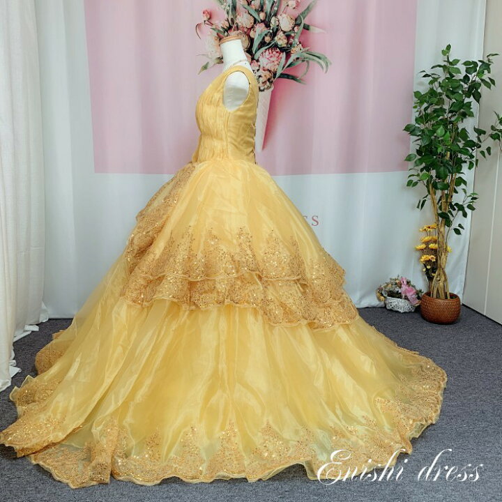 楽天市場 ウェディングドレス オーガンジー イエロー ゴールド ベルのドレス カラードレス ボリューム 結婚式 披露宴 二次会 前撮り パーティー ハートカット チュール かわいい ゴージャス エレガント 色変更 オーダーメイド 縁 ドレス