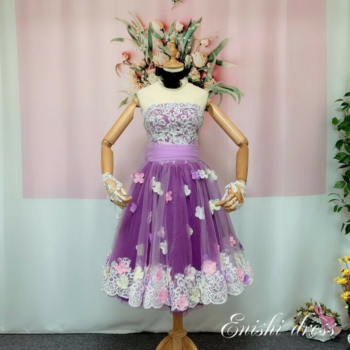 楽天市場】ウェディングドレス ミニドレス ミモレ丈 花びら レース 紫  