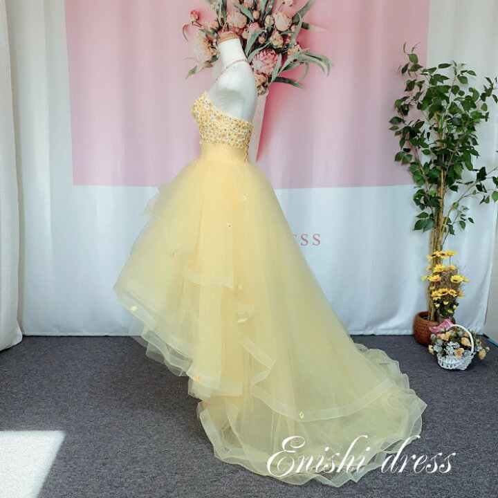 楽天市場 ウェディングドレス イエロー カラードレス 黄色 前短後ろ長い 造花 プリンセスライン 二次会 花嫁 ドレス 前撮り 後撮り フォト ウェディング 結婚式 披露宴 パーティー かわいい 豪華 ハンドメイド サイズオーダー オーダーメイド無料 色変更可 縁 ドレス
