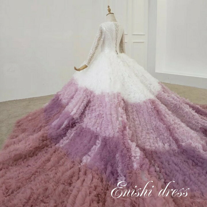 楽天市場 カラードレス くすみピンク 長袖 ウェディングドレス ビーズ グラデーション トレーン パーティードレス ボリューム 結婚式 披露宴 二次会 前撮り 花嫁ドレス かわいい エレガント 豪華 縁 ドレス