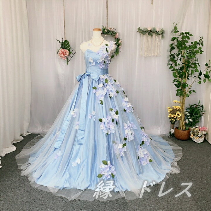 楽天市場 ウェディングドレス ブルー カラードレス サテン チュール 花びら 造花 葉 装飾 サッシュベルト付き 結婚式 披露宴 二次会 前撮り パーティー かわいい カラフル ゴージャス インスタ映え 色変更 サイズオーダー 無料 縁 ドレス