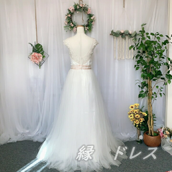 楽天市場】ウェディングドレス レース お花付き ラウンドネック 背中V 