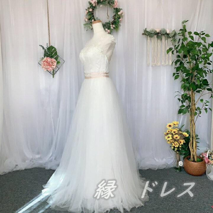 楽天市場】ウェディングドレス レース お花付き ラウンドネック 背中V  