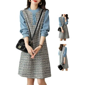 ワンピスター グレンチェック 冬 秋 通勤 通学 オフェス フォーマル カジュアル 体型カバー チェック柄 クールネック ノースリブ