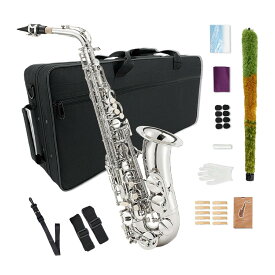 YoungMonic ニューブラックゴールデンブラス アルトサックスとフラットサックス 木管楽器 クリーニングクロス、手袋、ストラップ、パッド付きケース(シルバー)