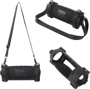 For JBL Flip 7 Bluetooth �|�[�^�u���X�s�[�J�[ �p �P�[�X �J�o�[�yHUKWIMO�z�V���R���P�[�X + �V�����_�[�X�g���b�v �L�Y�h�~ �ϏՌ� �y�� �_��݌v �g�ѕ֗� ���G��D��(�u���b�N)