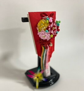 羽子板飾り 久寿玉仕様8号 赤色 羽根付/飾り台付