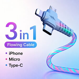 3-in-1 �J���t������[�d�P�[�u�� Micro USB TYPE-C Lightning 1m TPE�f�� �}���[�d 3A LED���C�g �I�V���� 3��ރR�l�N�^�[ �X�}�z�[�d�R�[�h �ԓ� ���� ���C�g ���� iPhone ���C�g�j���O �P�[�u�� �[�d�P�[
