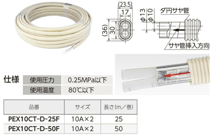 楽天市場】PEX10CT-D-25F 10A×2 25M ダ円サヤ管入 追焚き用架橋 