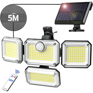 センサーライト ソーラーライト 屋外【333LED/人感センサー/4灯式/IP65防水/5M延長コード】 2400mAh大容量バッテリー ジ リモコン付き 英語バージョン取り扱い説明書
