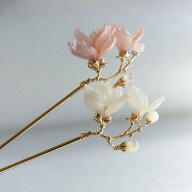 ハンドメイド 手作り かんざし 簪 ヘアアクセサリー 1本かんざし モクレン 木蓮 天然石 ローズクォーツ　…
