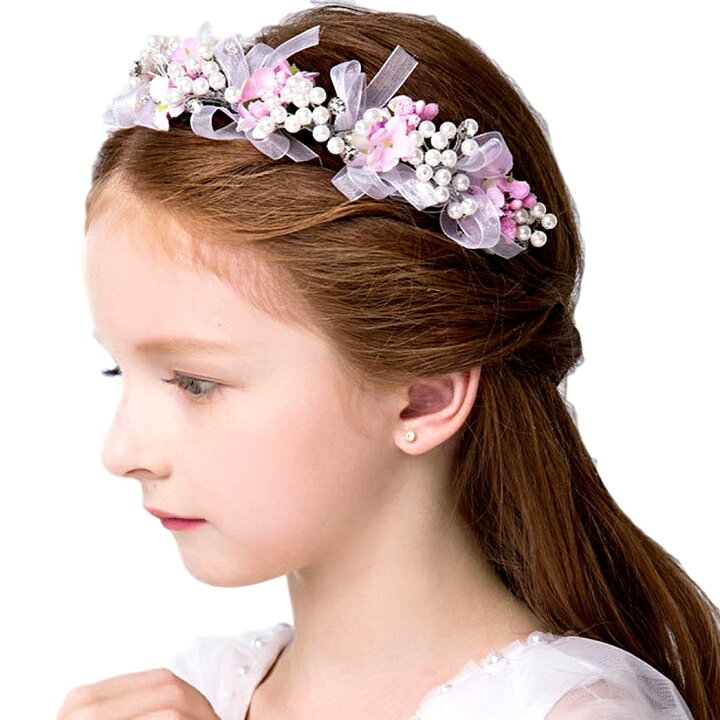 楽天市場 ヘッドドレス 髪飾り 子供 女の子 キッズ 花 ヘアアクセサリー ピンク フラワー ヘアバンド 8連 リボン シンプル クラシカル ホワイト パール ビーズ 花モチーフ 可愛い 発表会 誕生会 舞台 記念写真 ピンク Hc12 イーワンズ楽天市場店