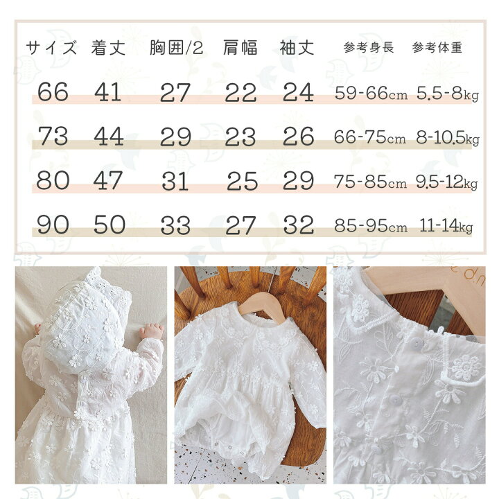 楽天市場 ベビー服 ロンパースタイプ 女の子 宮参り 退院着 セレモニー服 ベビー用品 ナチュラル系 かわいい 出産祝い 赤ちゃん 新生児 男の子 インポート おでかけ 靴下 帽子付き セレモニードレス お誕生日 お七夜 お呼ばれ お花 刺繍 ホワイトレース プレゼント