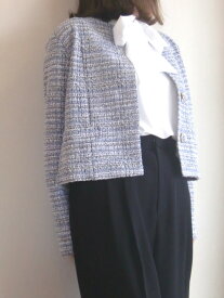 BRAHMIN ブラーミン ツイード ノーカラー ジャケット ミックス ファンシー ジャージ Mサイズ ブルー マザーニーズ 入学式 送料無料 レディース