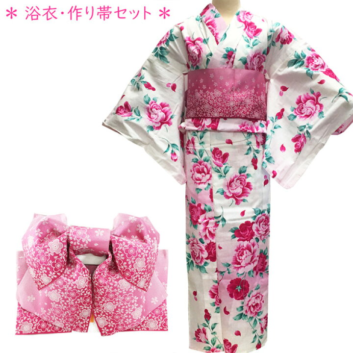 楽天市場】浴衣 作り帯 セット 女性用 No.03 白 ピンク バラ柄 ピンク 