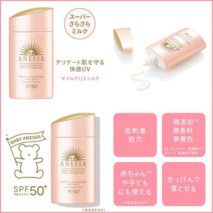 楽天市場 ネコポス発送商品 資生堂 Anessa アネッサ パーフェクトｕｖ マイルドミルクｎ 60ml Spf50 Pa ベビーアネッサ ピンク 低刺激 スーパーウオータープルーフ 紫外線カット 顔 からだ用 21年２月発売 安耐晒 エルメ ド ボーテ