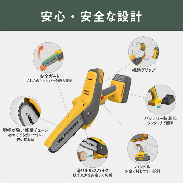 楽天市場】ムサシ HCS-6000 充電式ハンディーチェーンソー 18V 軽量1.7 