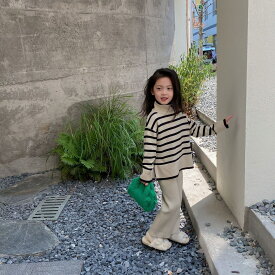 ニット セットアップ ボーダー セーター パンツ 春 秋 冬　秋冬 キッズ ベージュ ベビー 女の子 90/100/110120/130/140 子供服 海外子供服 韓国子供服