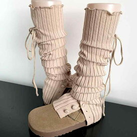 レッグカバー レディース ソックス 秋冬 Y2K サブカル レッグウォーマー パイルソックス ニットソックス レースアップ 美脚 細見え ロング丈 ダンサー ヨガ ホワイト カーキ ブラック