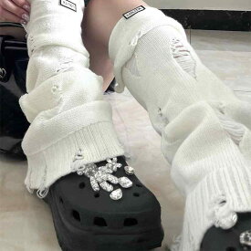 レッグカバー レディース ソックス 秋冬 Y2K サブカル ガーリー レッグウォーマー パイルソックス フレアソックス ダメージ加工 レースアップ 美脚 細見え ミドル丈 ホワイト ブラック