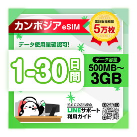 【カンボジアeSIM】即日発行 安心LINEサポート 1日 2日 3日 4日 5日-30日間プラン 高速データ1日あたり 500MB 1GB 2GB 3GB お好きなプラン選べる qrコードで簡単設定 旅行 出張 プリペイドeSIM 有効期限90日