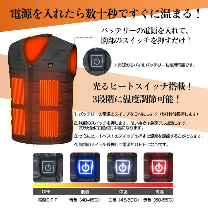 楽天市場】電熱ベスト 大きいサイズM-7XL 対応 バッテリー付き 大容量 