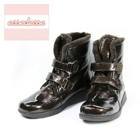 本革【裏ヌクヌクリアルムートン仕様 流行の本革シワエナメルブーツ】 脱ぎ履き楽々 マジックテープ仕様 暖かい ブーツ　レディースブーツ ショートブーツ ムートン ムートンブーツ ダークブラウン エナメル DBR DBRE 送料無料 22cm コンフォート 日本製