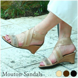 アウトレット商品【ムートンクロスゴムウェッジサンダル】　本牛革　ロングセラー　ダークブラウン　ブラック　ベージュ　サンダル　　ムートンサンダル　ファー　ファーサンダル　ベラージオ　日本製　婦人靴