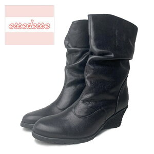 【アウトレット セール品】くしゅくしゅ シワ ブーツ 日本製 本革 3E 22cm ウェッジ ヒール 5.5cmヒール シワ加工 ハーフブーツ ミドル ミドルヒール 黒 ブラック レディース カジュアル 軽量 シ