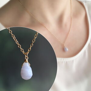 ブルーレースアゲート ドロップカット ネックレス 瑪瑙 空色縞瑪瑙 しずく型 天然石 小さめ ブルー 青 水色 ゴールド K14GF 小豆チェーン シンプル 大人可愛い カジュアル 一粒 お守り