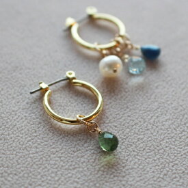 フープピアス＆チャームセット 4つ選べる ピアス チャーム 天然石 小さめ 多色 ゴールド 真鍮 シンプル 大人可愛い カジュアル 一粒 お守り アミュレット