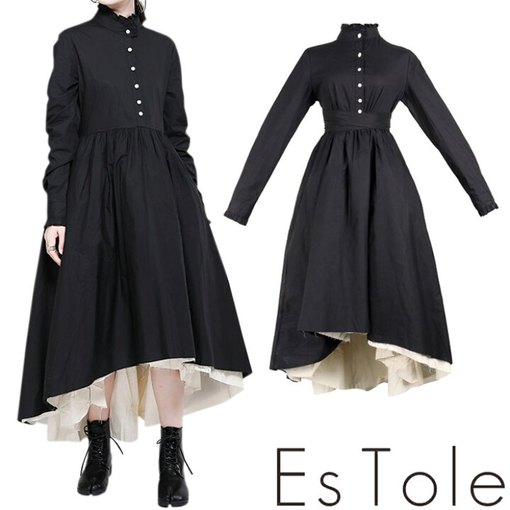 楽天市場 送料無料 Estole 腰リボンゴシックワンピース Aライン リボン フリル ロングドレス 切りっぱなし モダン ひざ丈 個性的 ストリート系 原宿系 青文字系 ゴシック メイド ゴスロリ ロリータ 病みかわいい レディース モード系 エストール Estole