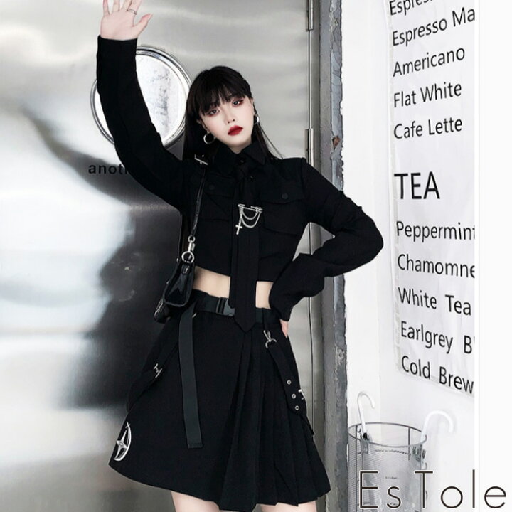 楽天市場 送料無料 Estole ミリタリーパンクツーピース ワンピース セットアップ ボリューム袖 オーバーサイズ ミニ丈 膝上丈 ウエストベルト 長袖 シンプル ストリート系 レディース モード系 カジュアル ゴス 個性的 原宿系 青文字系 エストール Estole