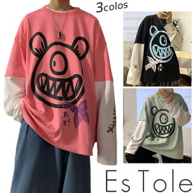 【送料無料】EsTole サイクロプスレイヤード風ロンT ロングTシャツ オーバーサイズ ゆったり ビッグシルエット ビッグTシャツ プリントTシャツ ダボT キャラT ドロップショルダー トップス メンズ モード系 個性的 ストリート系 原宿系 エストール