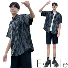 【送料無料】EsTole 男性用モノクロマーブル上下 シャツ 半袖 ハーフパンツ ショートパンツ セットアップ 柄シャツ 短パン トップス ボトム モノトーンシャツ オシャレ メンズ ストリート系 モード系 個性的 原宿系