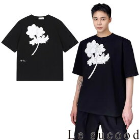 【Le sucood】 立体花柄半袖Tシャツ デザインTシャツ オーバーサイズTシャツ ルーズTシャツ 半袖 ゆったり フラワーTシャツ ルーズ クルーネック モダン モノトーン ダークファッション メンズ ストリート系 モード系 個性的 原宿系