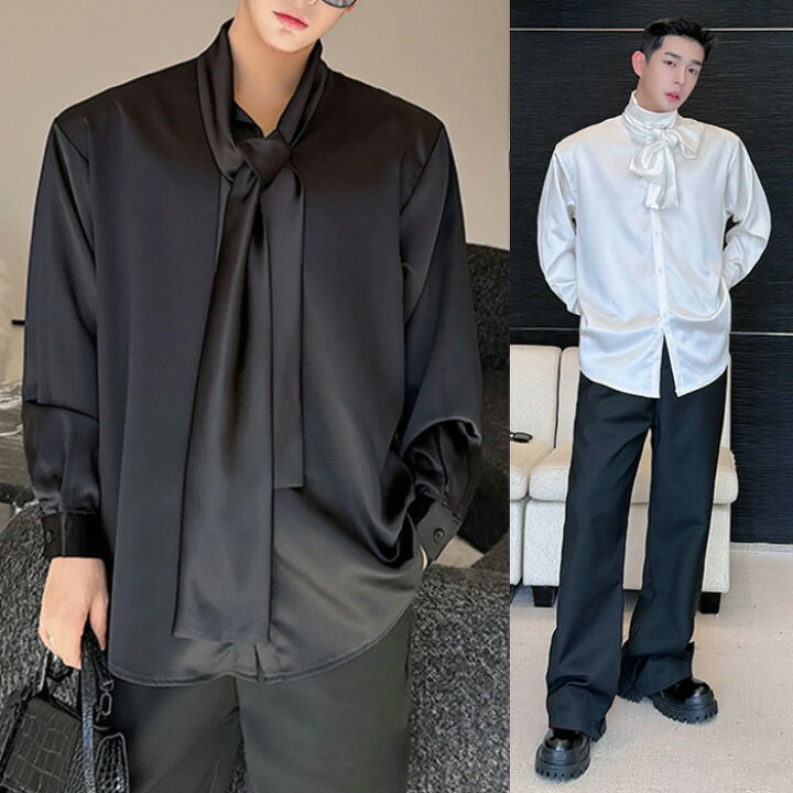 美品 ESTNATION シャツ 長袖 ボウタイ ブラウス サテン とろみ感 黒 