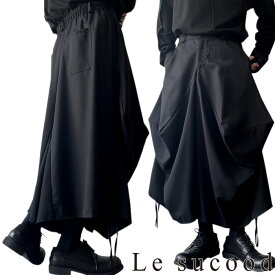 【Le sucood】 黒無地 変形ワイドパンツ メンズスカート モード系 バルーンスカート プリーツスカート スカーチョ キュロット ワイドレッグパンツ オーバーサイズ ゆったり メンズ ストリート系 個性的 原宿系
