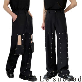 【Le sucood】 スナップウインドーワイドレッグパンツ ワイドパンツ デザインパンツ スナップパンツ ダブルニーパンツ ゆったり ルーズ ストレートパンツ 無地 モノトーン メンズ モード系 個性的 原宿系 ファッション