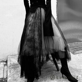 【Le sucood】シースルーロングスカート チュールスカート 花柄 フレア シフォン レース ブラック 黒 モード ゴシック ゴスロリ ストリート系