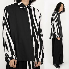 【Le sucood】ゼブラ柄アシンメトリーシャツ 個性的 モード系 メンズ レディース ロングシャツ シャツ ストリート系 モノトーン ストライプ 黒 白 ルシュクード