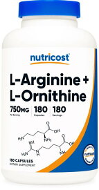 【Nutricost公式】Lアルギニン 500mg Lオルニチン 250mg 180粒 - カプセル ニュートリコスト 活力 サプリグルテンフリー 非遺伝子組み換え L-Arginine L-Ornithine