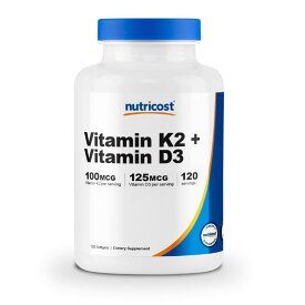 【Nutricost】 ビタミンK2 100mcg + ビタミンD3 5000IU 120ソフトカプセル 非GMO グルテンフリー
