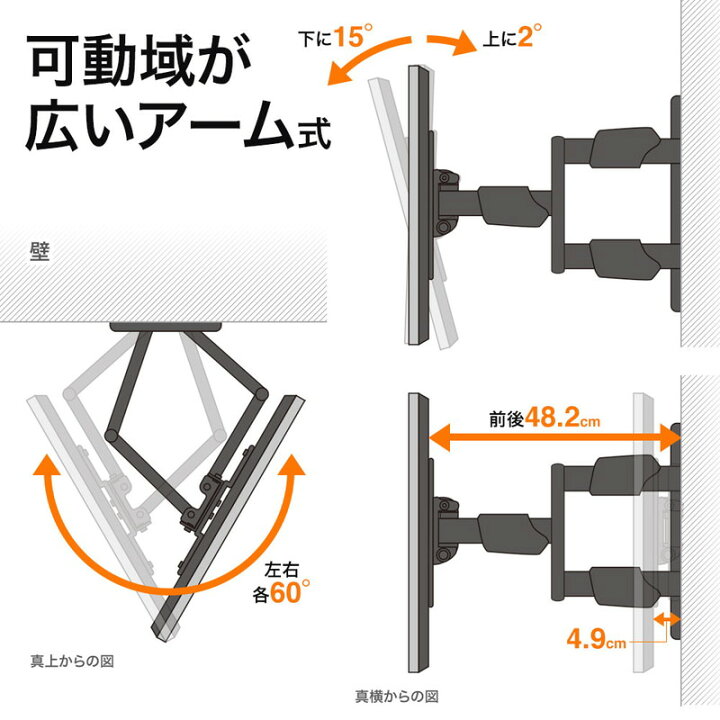 楽天市場】【クーポン配布中 5/16 01:59まで】壁掛け金具 テレビ モニター ディスプレイ 丈夫 アーム式 前後 左右 首振り 角度調整 55インチ まで対応 EEX-TVKA008 : イーサプライ 楽天市場店