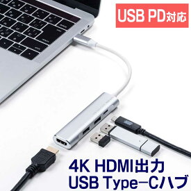 USB Type-Cハブ USB PD充電 60W対応 HDMI出力 MacBook iPad Pro対応 4K/30Hz USB Aポート アルミ シルバー EZ4-HUB086S【ネコポス対応】