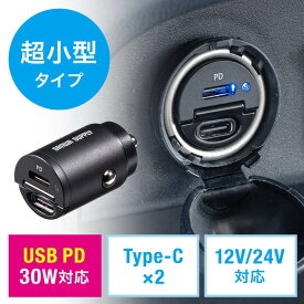 【最大3500円OFFクーポン配布中】カーチャージャー Type-C×2ポート 車載充電器 USB PD30W対応 5V/2.4A 急速充電 シガーソケット 12V/24V対応 コンパクト EZ2-CAR088C【ネコポス対応】