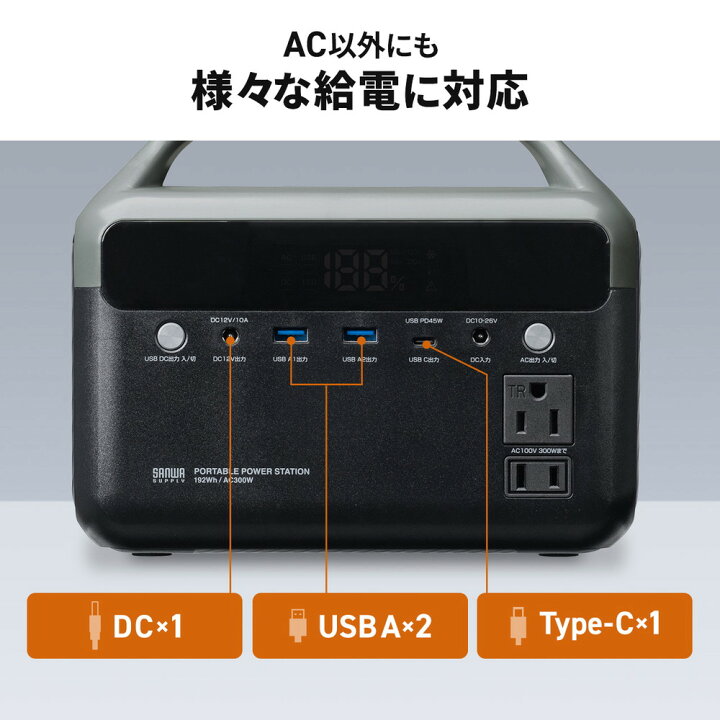 楽天市場】ポータブル電源 192Wh AC出力 300W 持ち運び 軽量 USB PD45W 