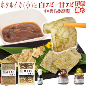 【送料無料】 ホタルイカ 沖漬け 2種2品 と 白えび/甘えび おぼろ昆布締め 2品のセット /刺身醤油(有・無) 富山の昆布締め 富山の昆布〆 富山のほたるいか エビ ギフト お土産 お歳暮 お中