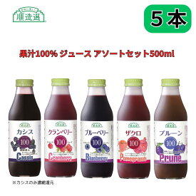 果汁100％ ジュース アソートセット クランベリー・ブルーベリー・ザクロ・カシス・プルーン 500ml 順造選 5本セット 各種1本